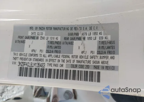 2020 Mazda Mazda3 Select Package из США, поврежденный, VIN 3MZBPACL8LM135483